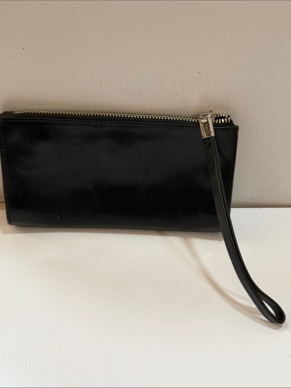 Monsac Black Leather Wristlet Pouch with Silver Zip